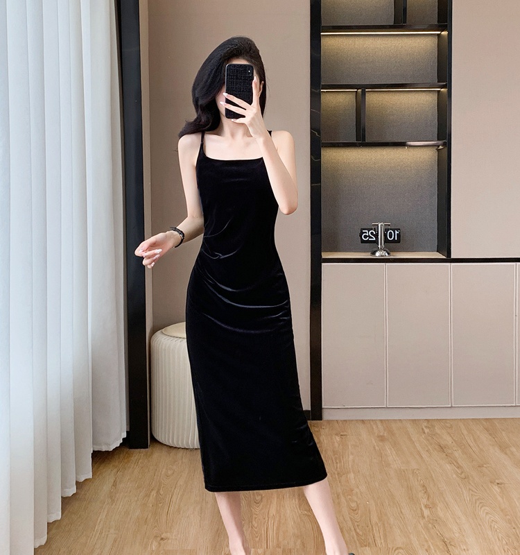 Splice strap dress velvet coat 2pcs set