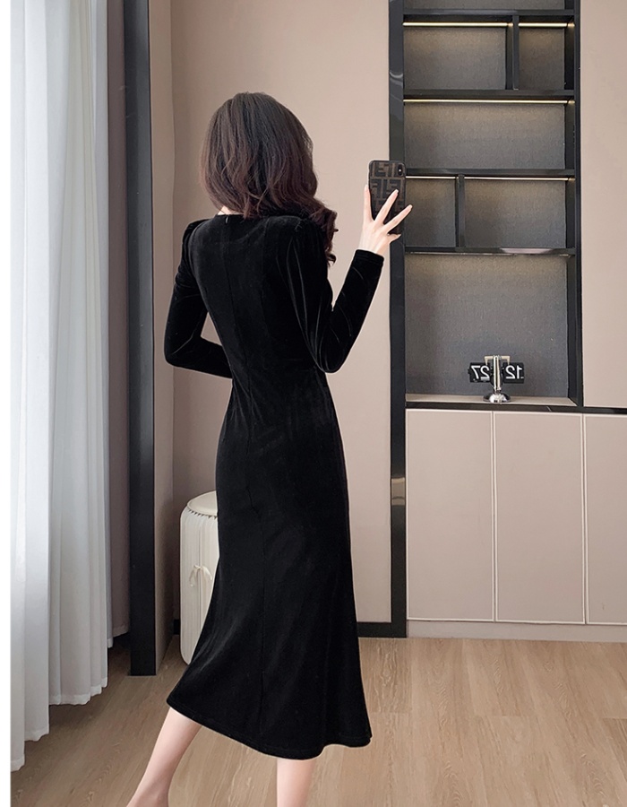 Split V-neck halter beading velvet slim fashion dress