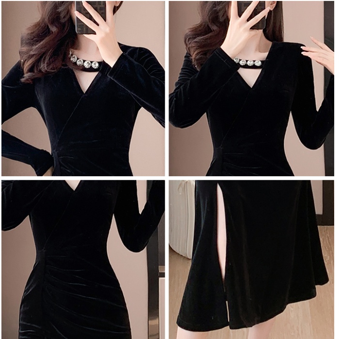 Split V-neck halter beading velvet slim fashion dress
