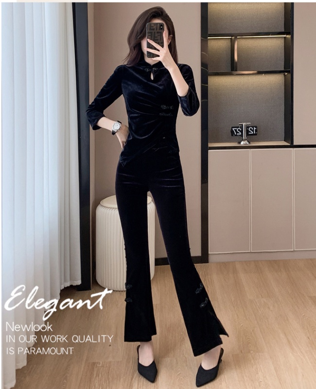 Autumn and winter tops split cheongsam 2pcs set