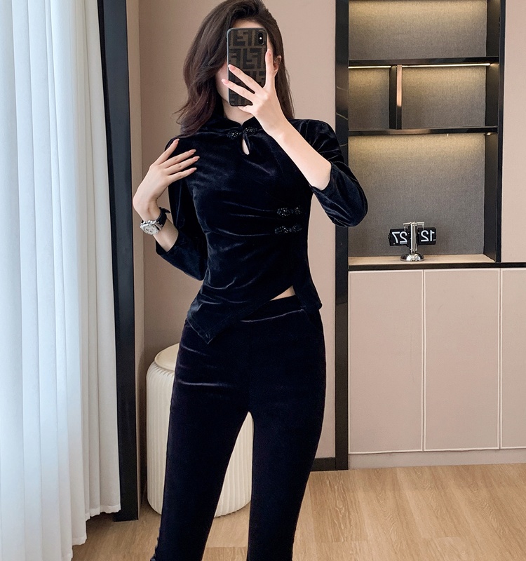 Autumn and winter tops split cheongsam 2pcs set
