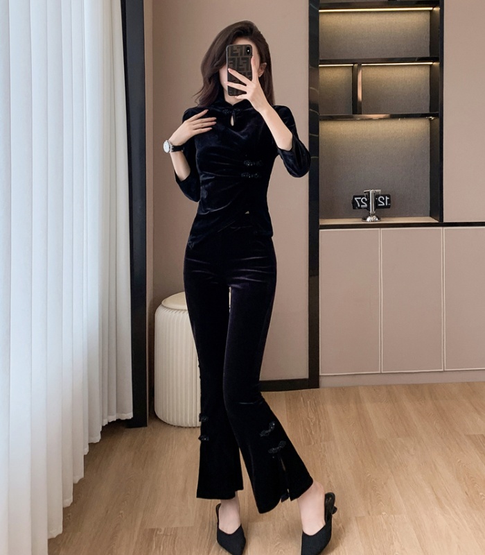 Autumn and winter tops split cheongsam 2pcs set
