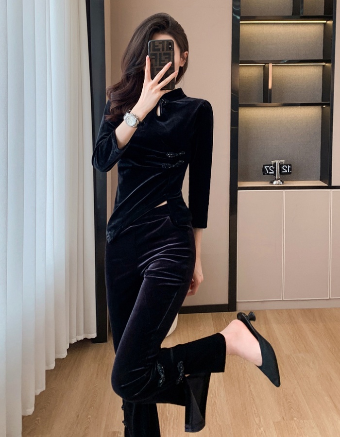 Autumn and winter tops split cheongsam 2pcs set