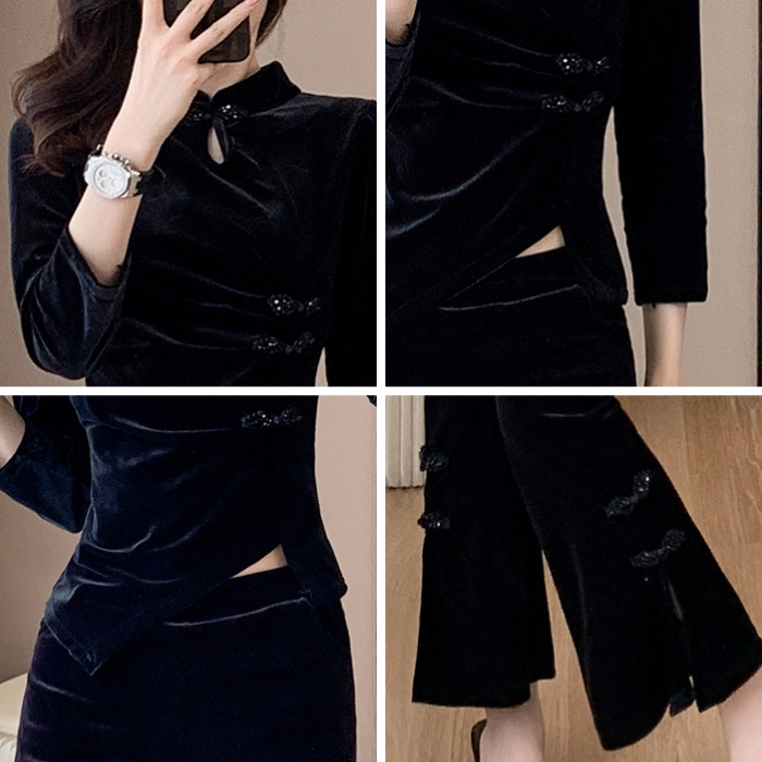 Autumn and winter tops split cheongsam 2pcs set