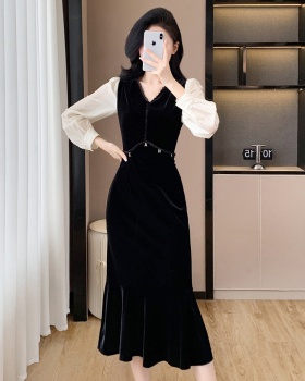 Fashion V-neck temperament splice slim light velvet dress