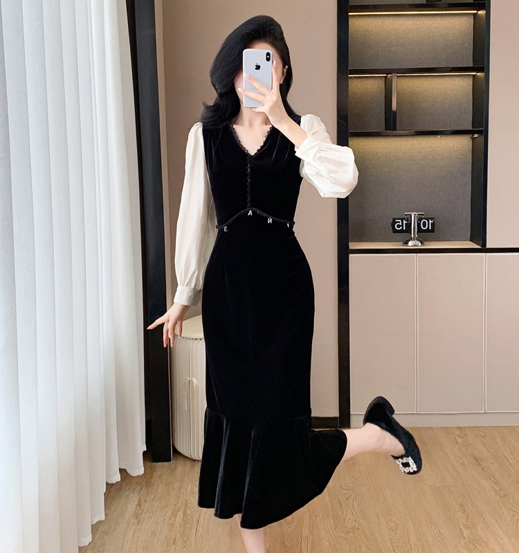 Fashion V-neck temperament splice slim light velvet dress