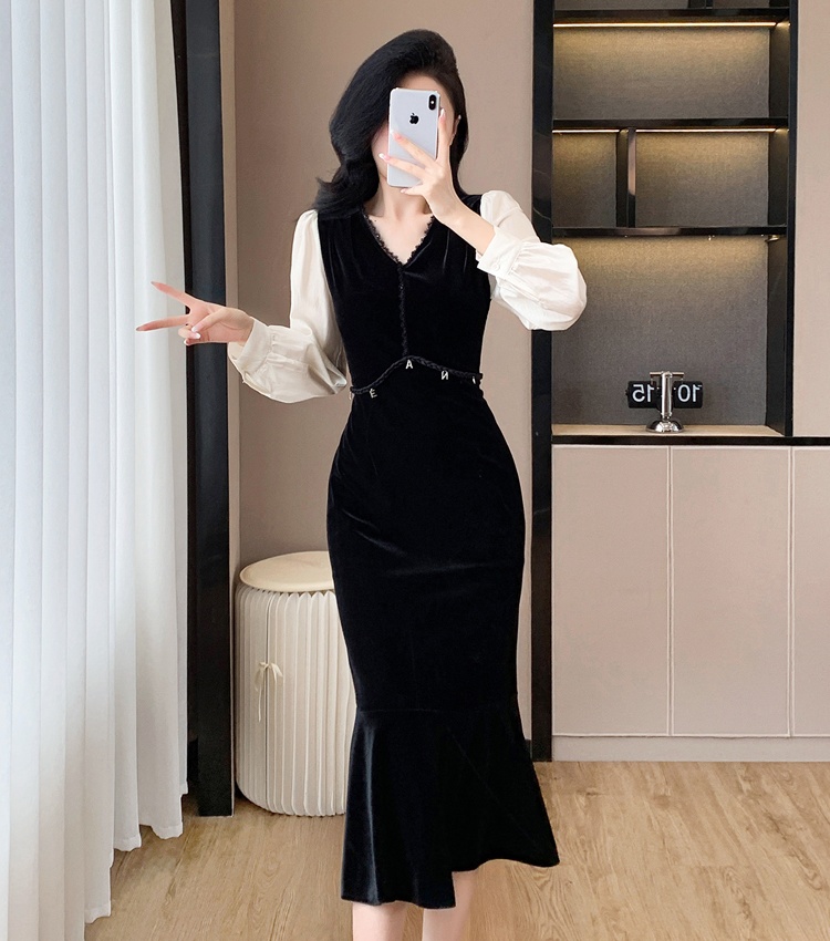 Fashion V-neck temperament splice slim light velvet dress