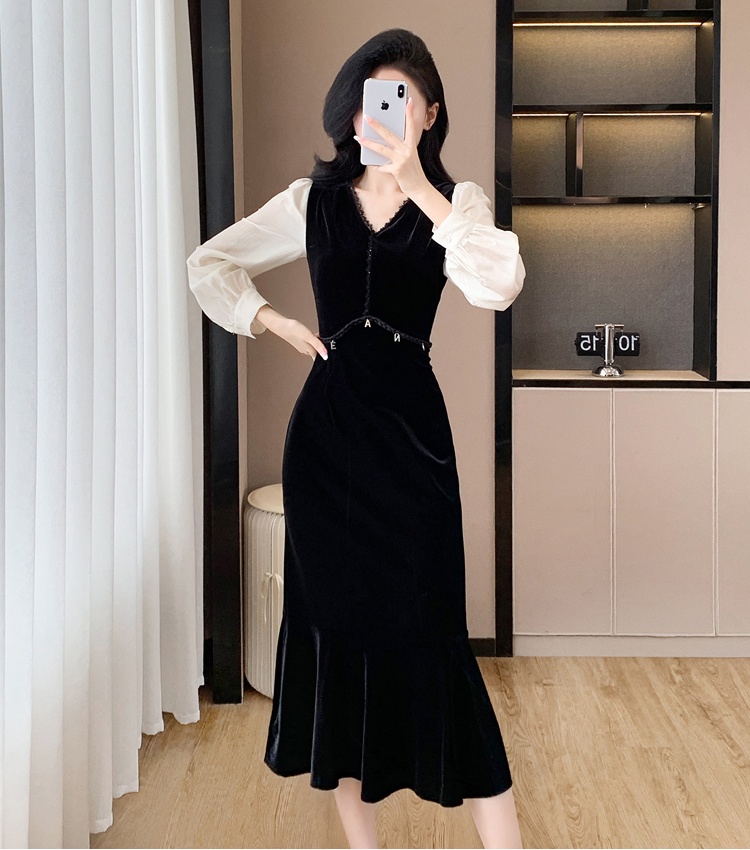 Fashion V-neck temperament splice slim light velvet dress