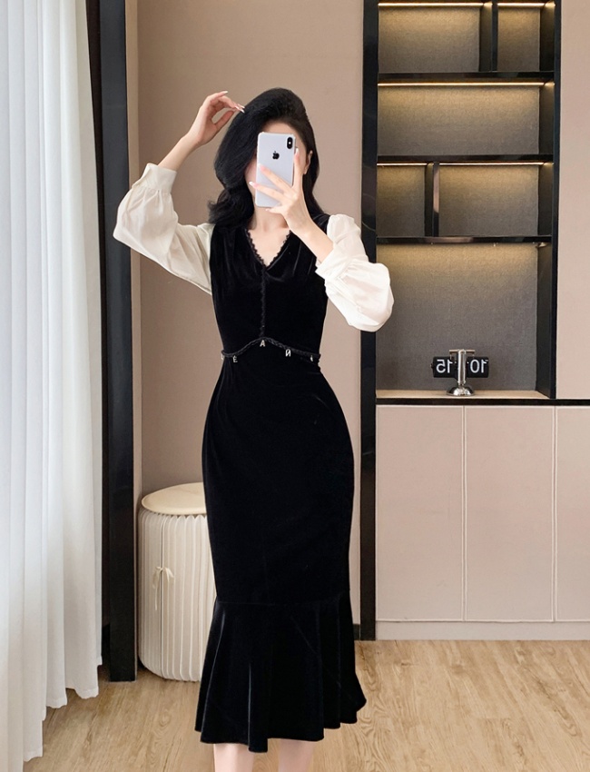 Fashion V-neck temperament splice slim light velvet dress