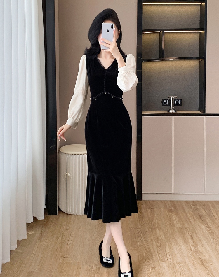 Fashion V-neck temperament splice slim light velvet dress