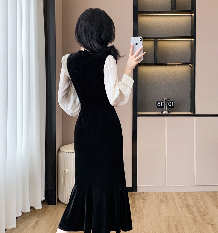 Fashion V-neck temperament splice slim light velvet dress