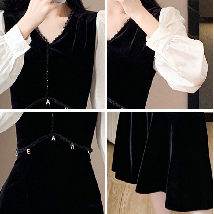 Fashion V-neck temperament splice slim light velvet dress
