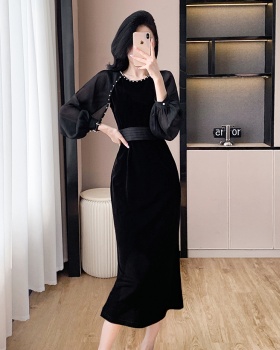Velvet splice belt chiffon lantern sleeve dress