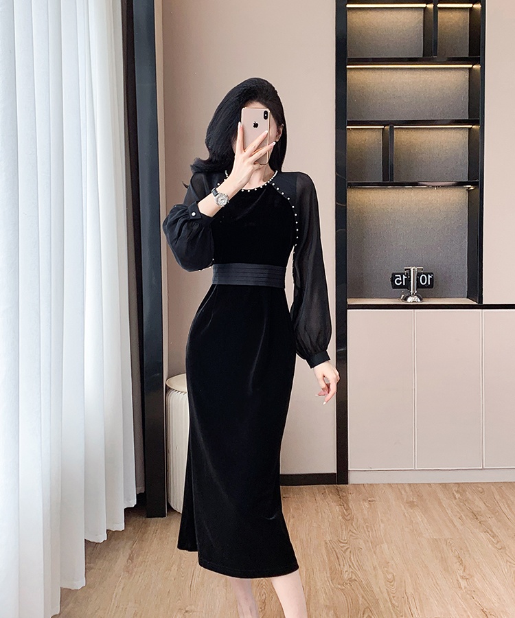 Velvet splice belt chiffon lantern sleeve dress