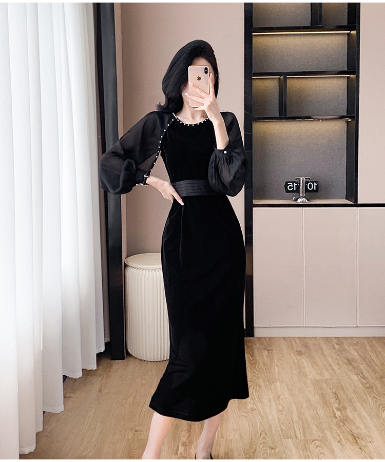 Velvet splice belt chiffon lantern sleeve dress