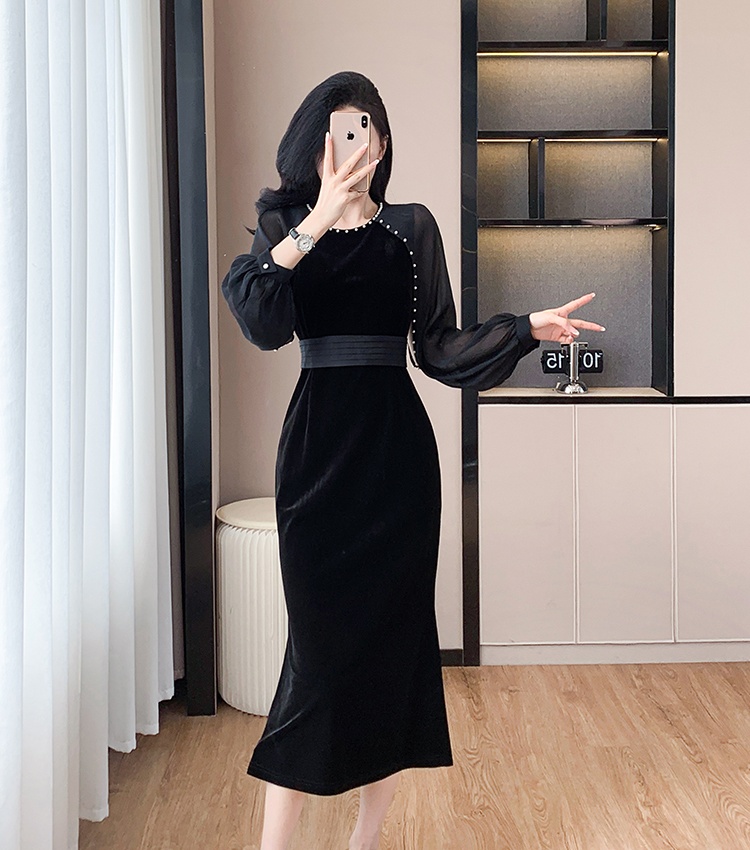 Velvet splice belt chiffon lantern sleeve dress