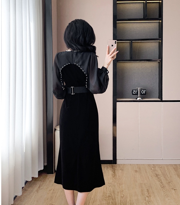 Velvet splice belt chiffon lantern sleeve dress