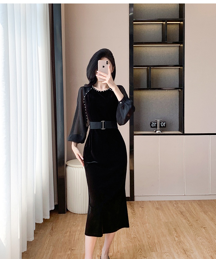 Velvet splice belt chiffon lantern sleeve dress