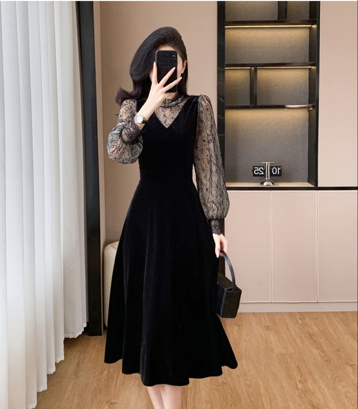Temperament slim sequins big skirt gauze dress
