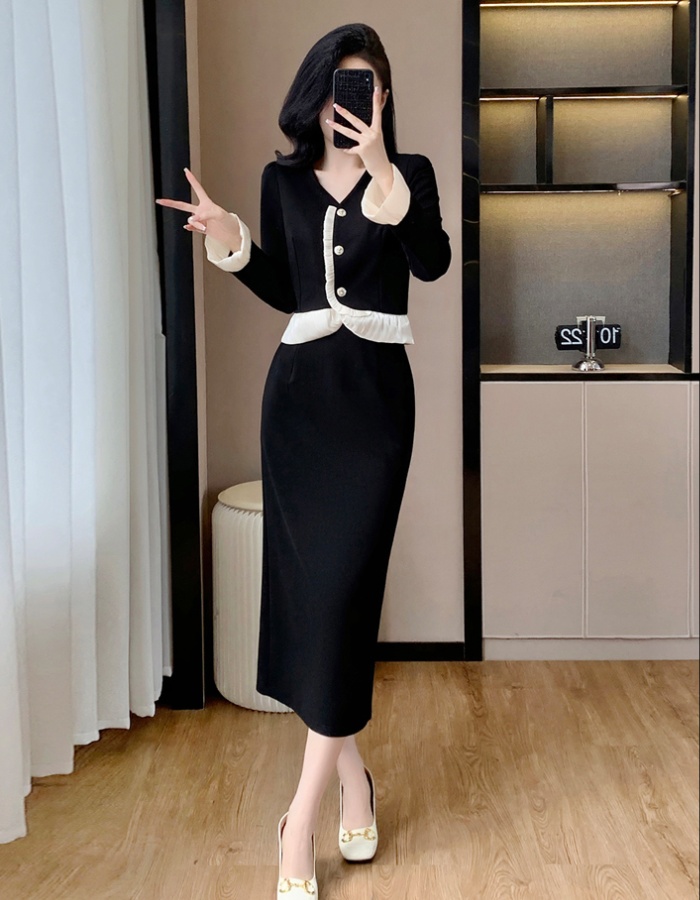 Temperament autumn and winter skirt V-neck chanelstyle tops a set