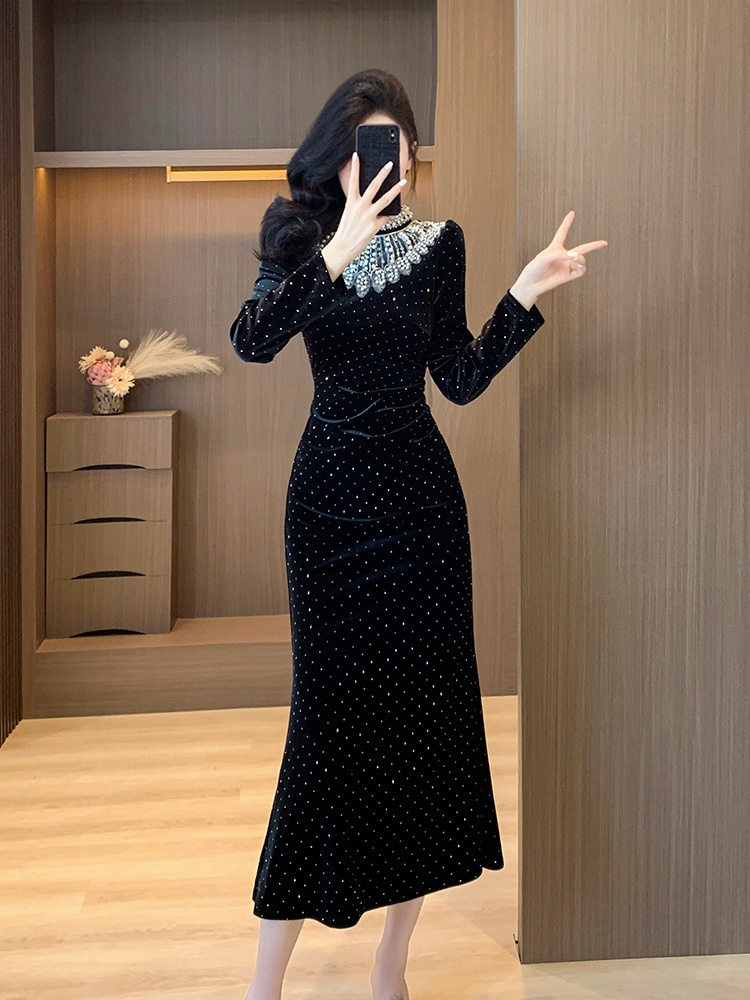Velvet mermaid slim rhinestone beading autumn and winter dress