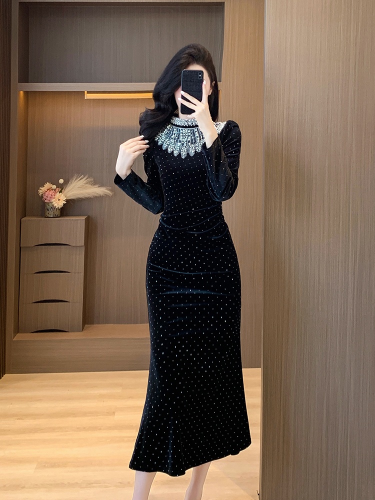 Velvet mermaid slim rhinestone beading autumn and winter dress
