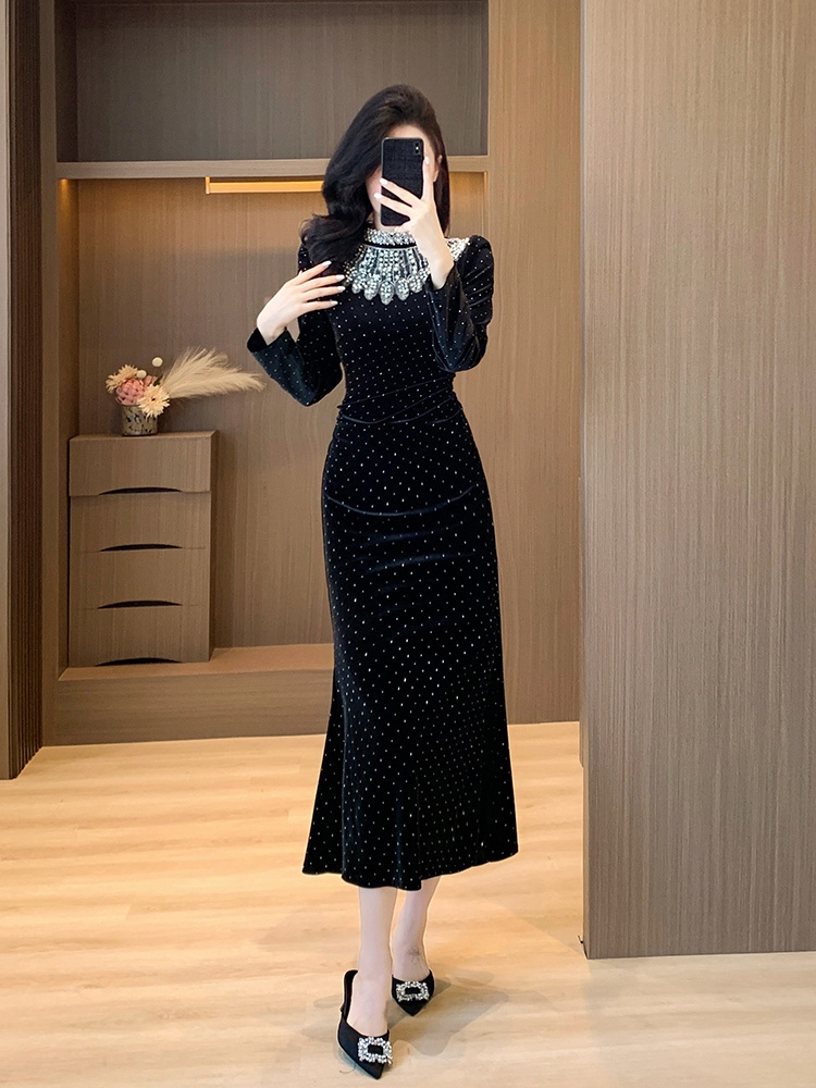 Velvet mermaid slim rhinestone beading autumn and winter dress