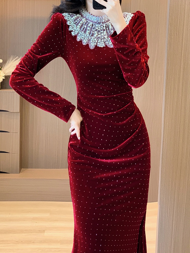 Velvet mermaid slim rhinestone beading autumn and winter dress