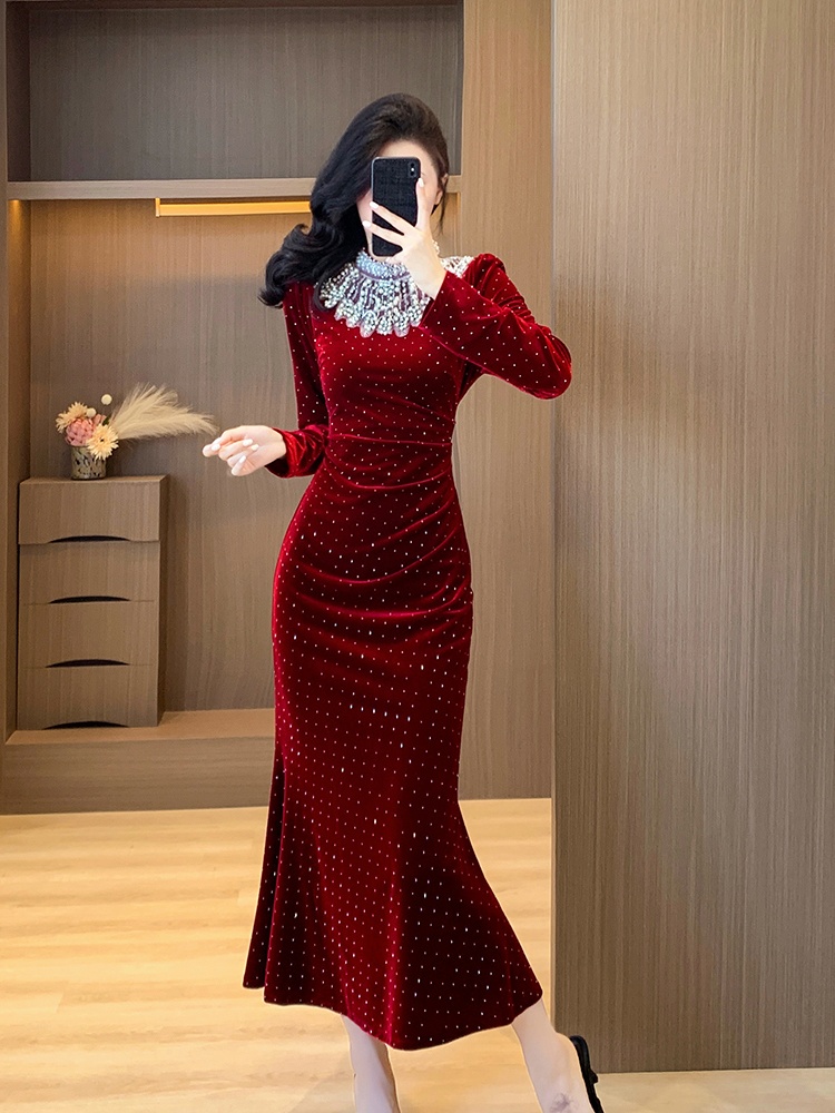 Velvet mermaid slim rhinestone beading autumn and winter dress