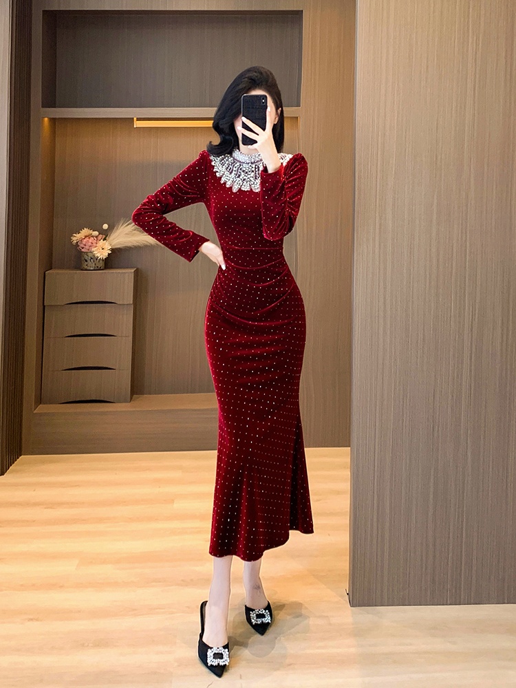 Velvet mermaid slim rhinestone beading autumn and winter dress
