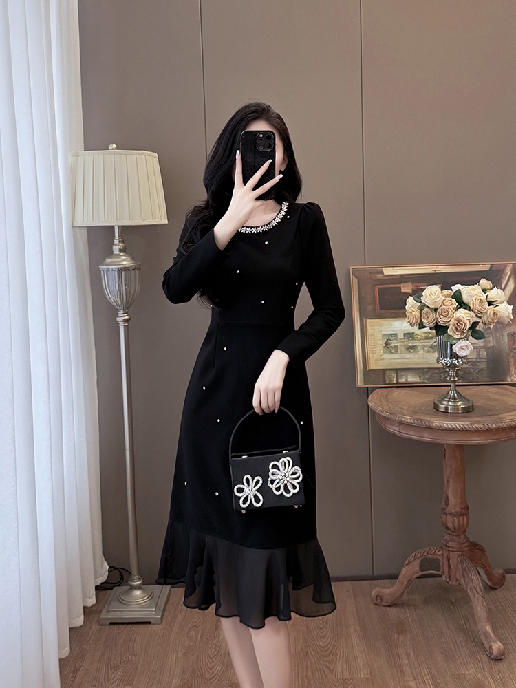 Chiffon splice slim temperament rhinestone large yard dress