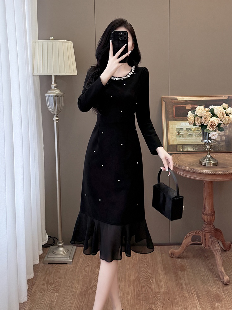 Chiffon splice slim temperament rhinestone large yard dress