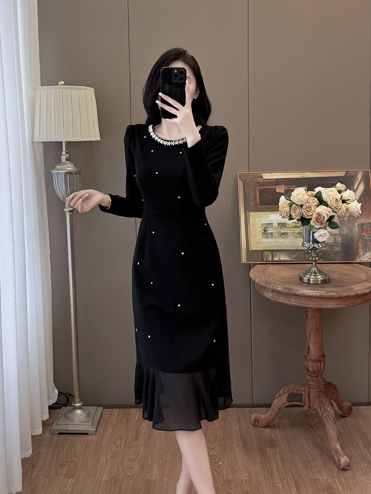 Chiffon splice slim temperament rhinestone large yard dress
