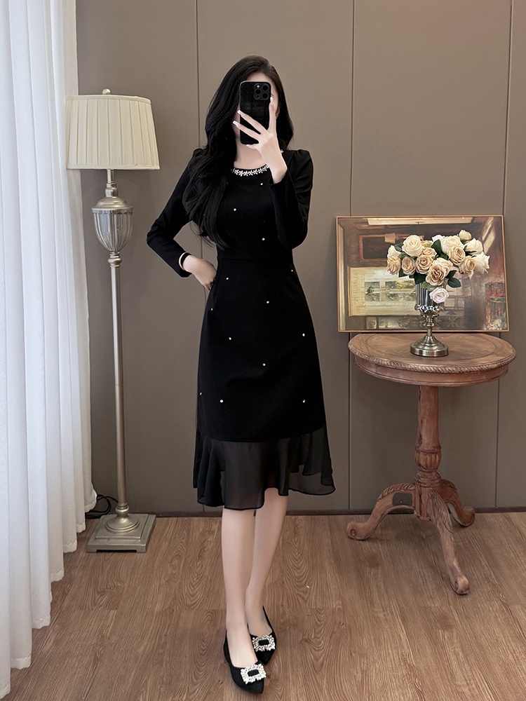 Chiffon splice slim temperament rhinestone large yard dress