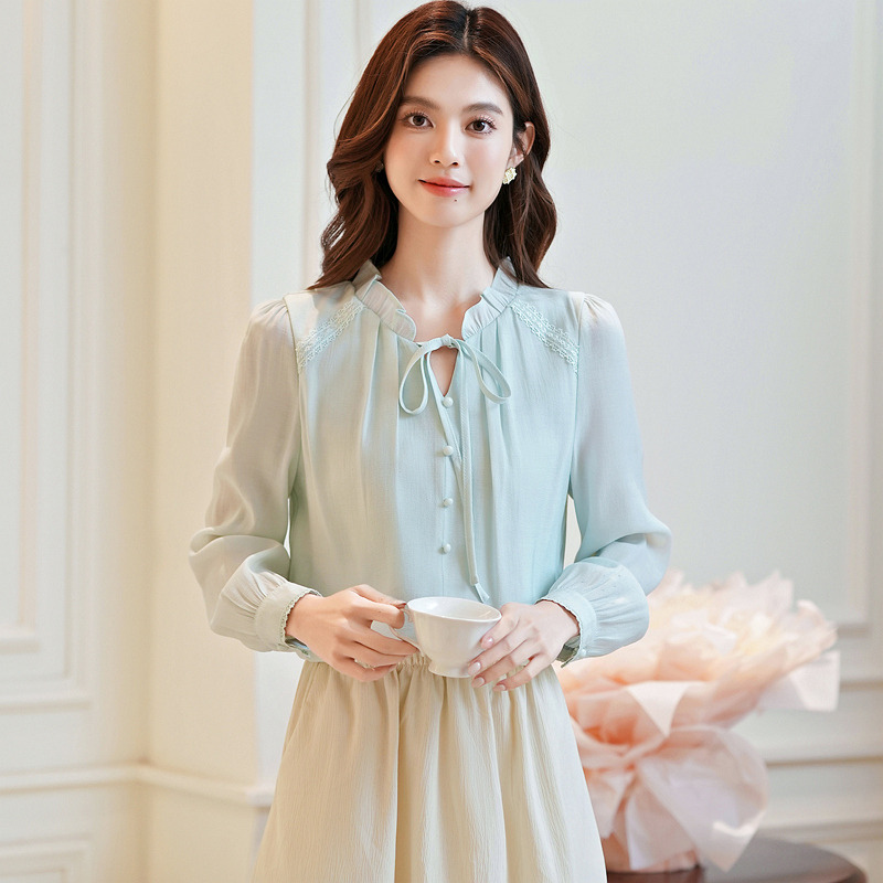 Bow romantic show young tops chiffon autumn shirt