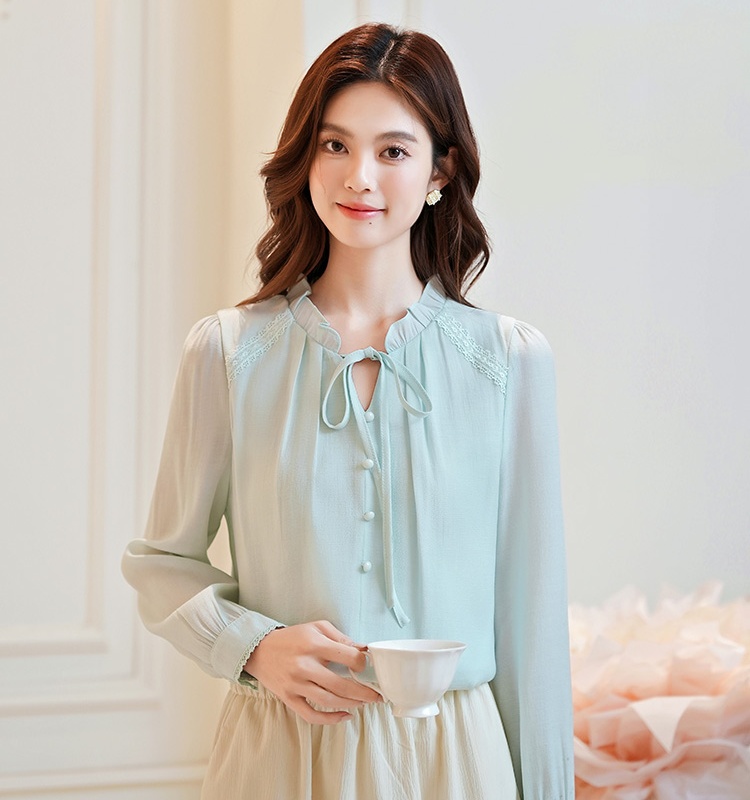 Bow romantic show young tops chiffon autumn shirt