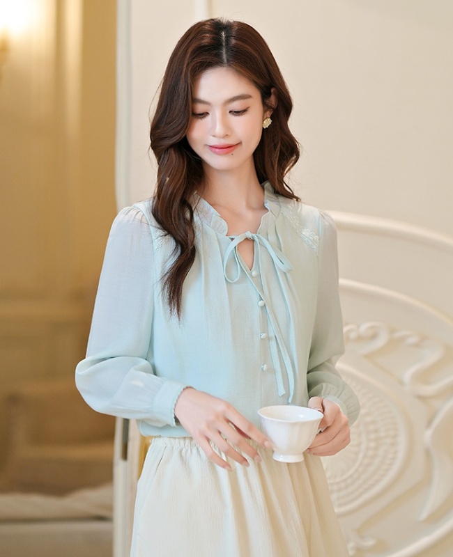 Bow romantic show young tops chiffon autumn shirt