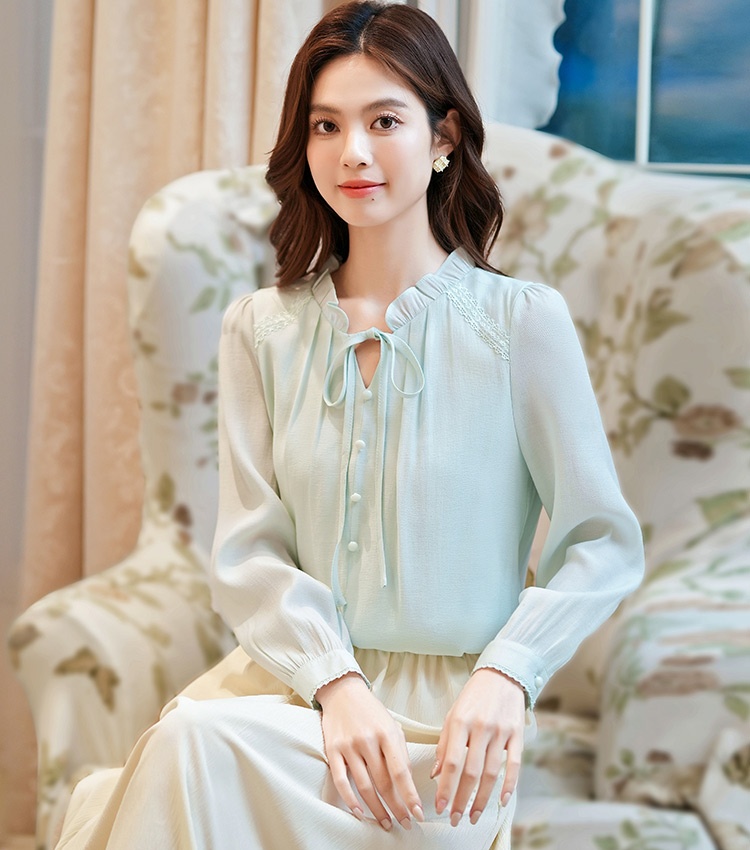 Bow romantic show young tops chiffon autumn shirt