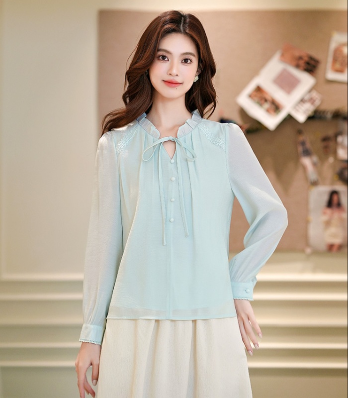 Bow romantic show young tops chiffon autumn shirt