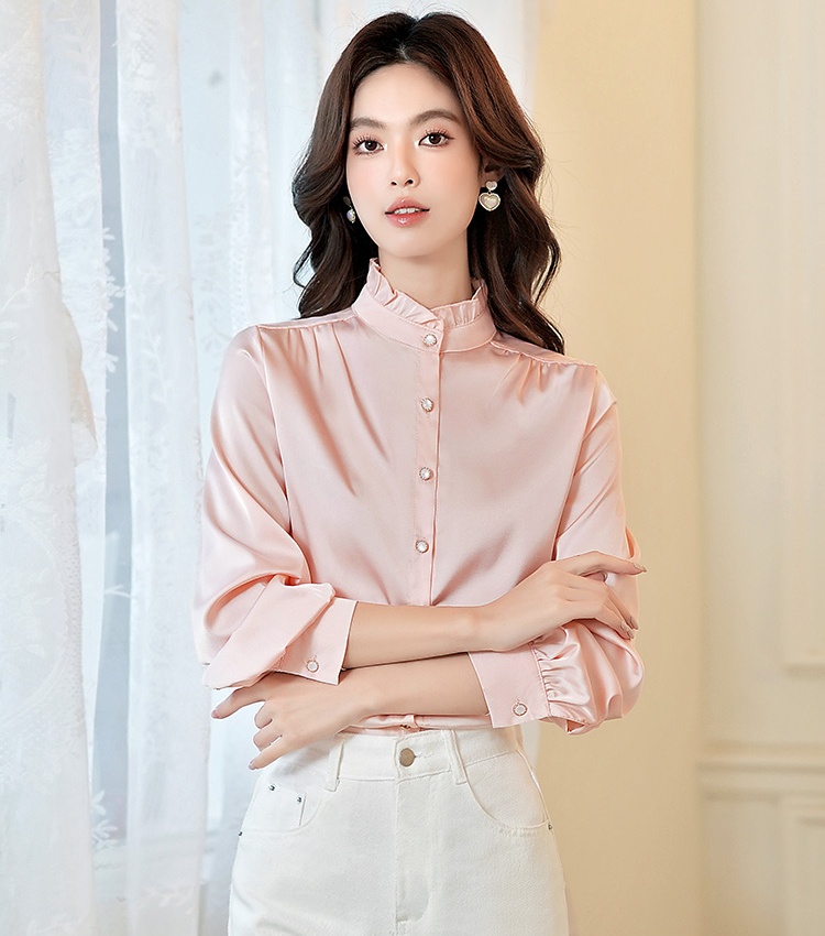 Commuting autumn tops imitation silk shirt for women
