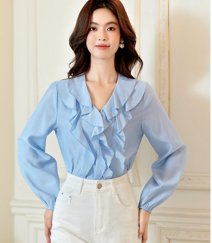 V-neck chiffon tops France style autumn shirt