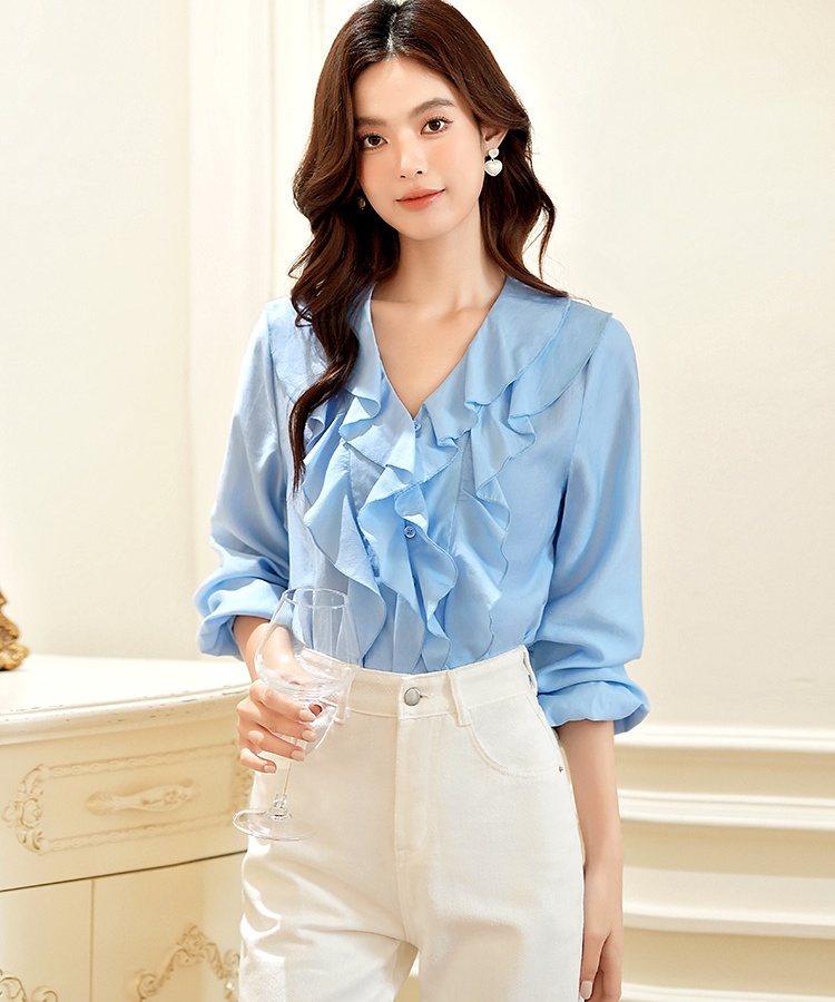 V-neck chiffon tops France style autumn shirt