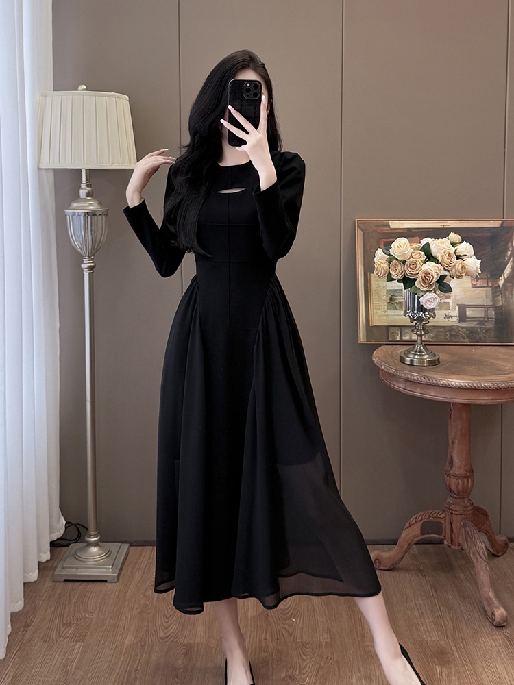 Slim splice hollow fashion chiffon big skirt large yard dress
