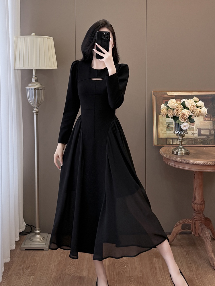 Slim splice hollow fashion chiffon big skirt large yard dress