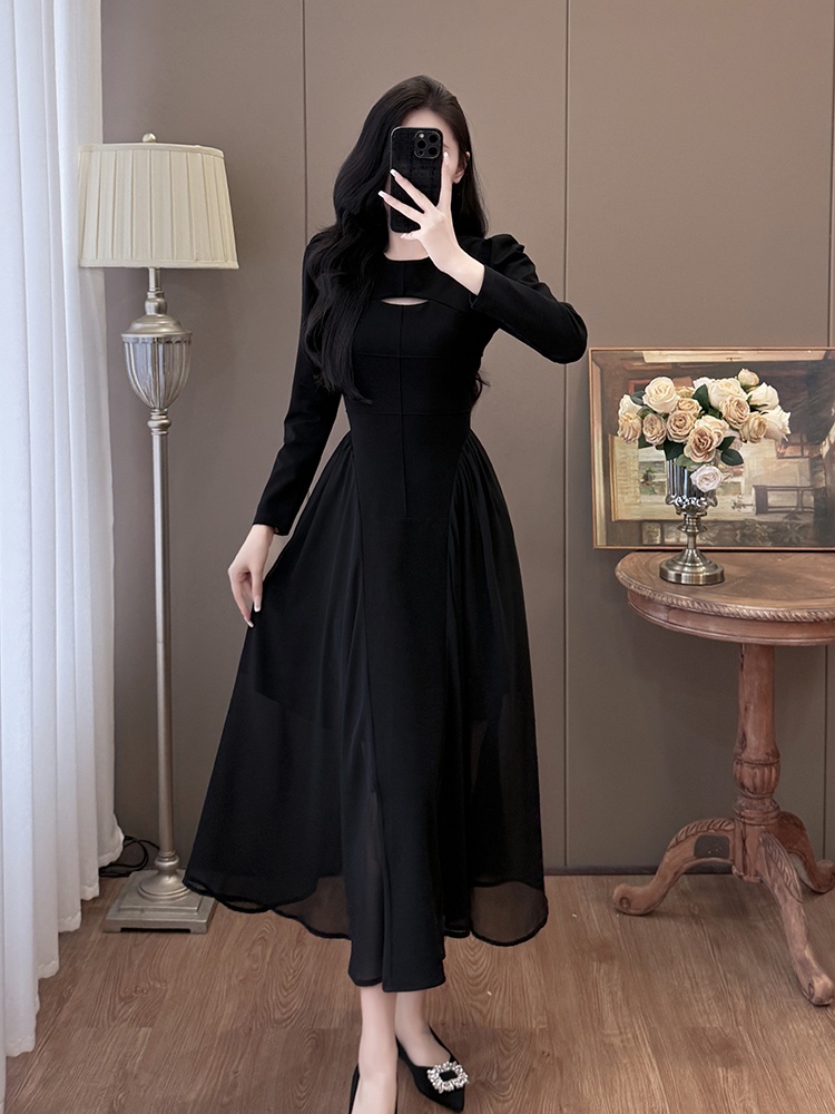 Slim splice hollow fashion chiffon big skirt large yard dress