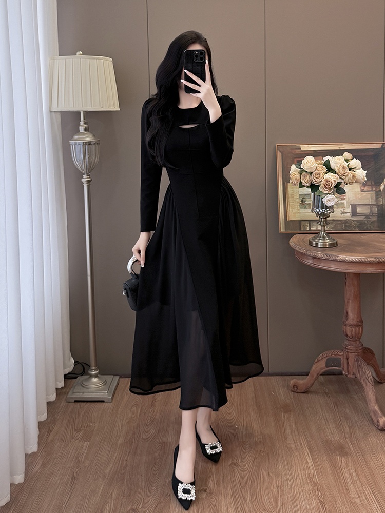 Slim splice hollow fashion chiffon big skirt large yard dress