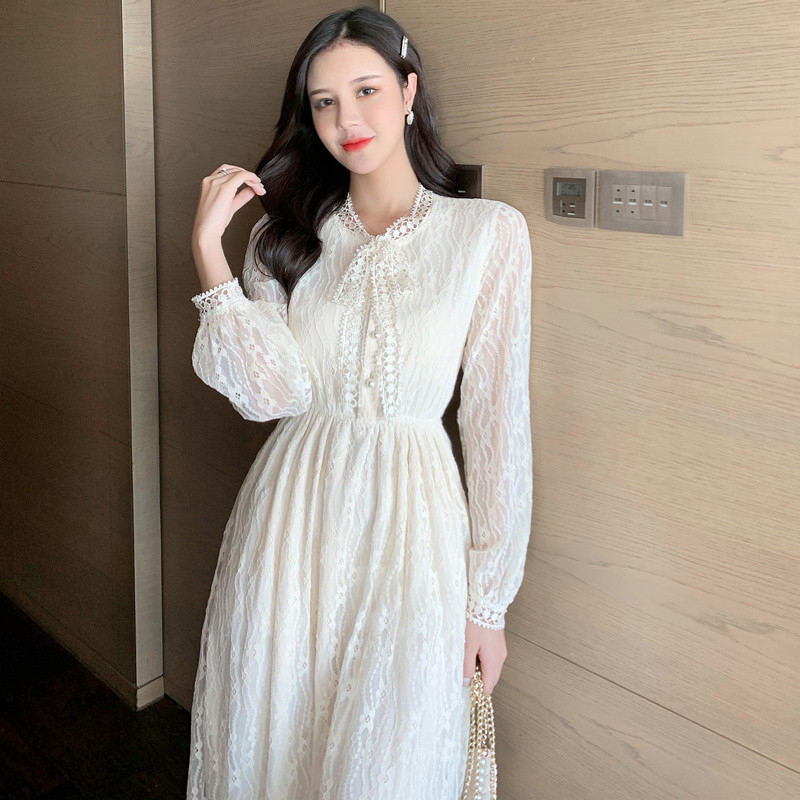 Light luxury show young autumn bottoming lace slim dress