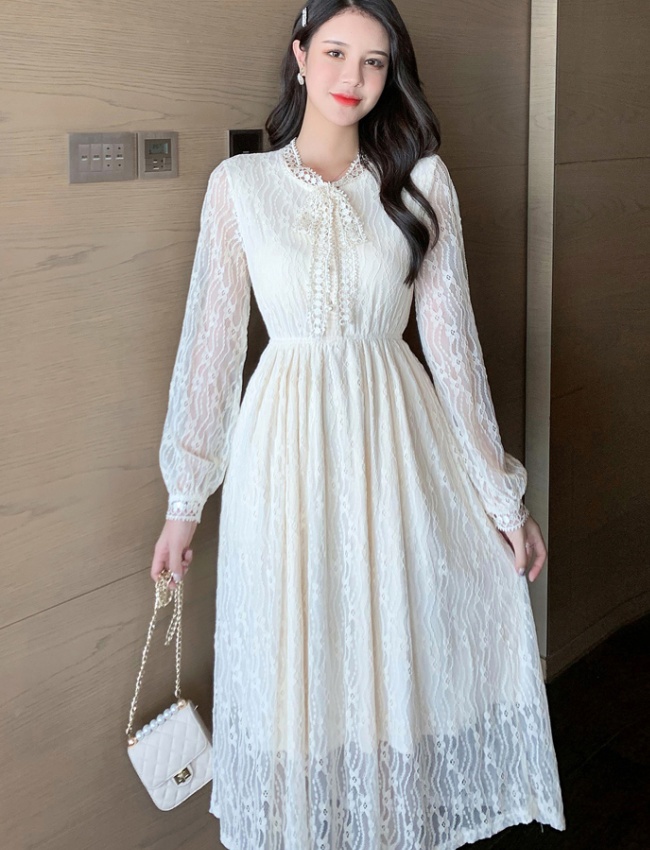 Light luxury show young autumn bottoming lace slim dress