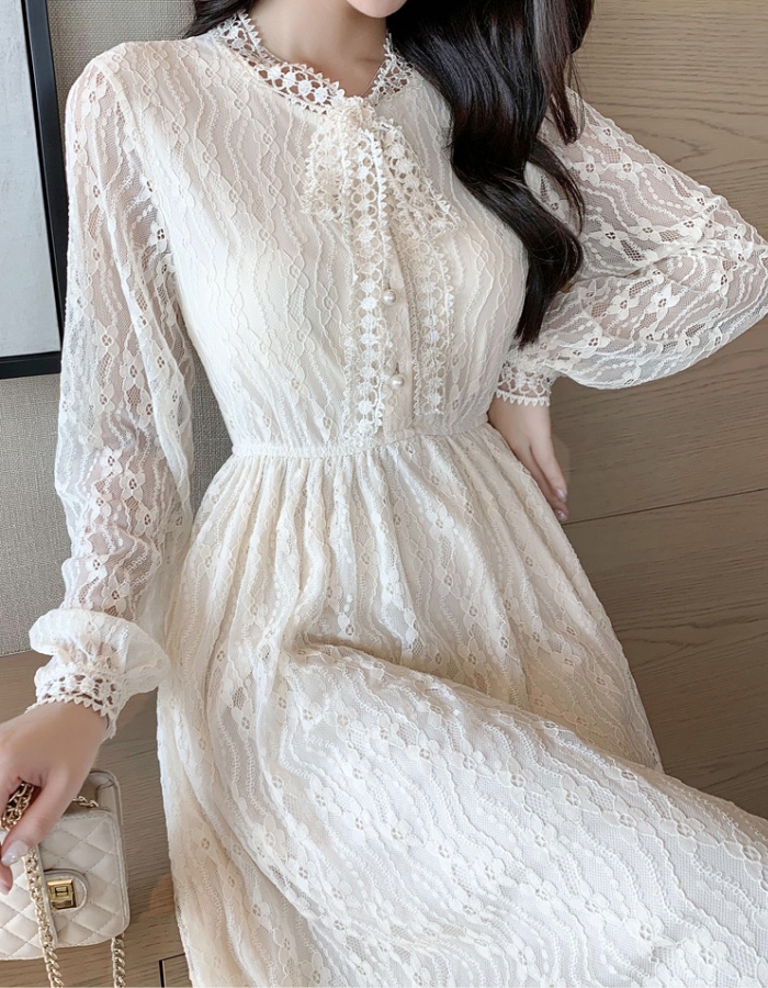 Light luxury show young autumn bottoming lace slim dress