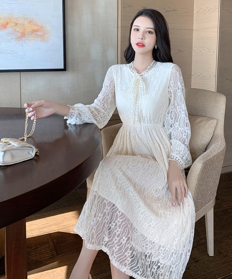 Light luxury show young autumn bottoming lace slim dress